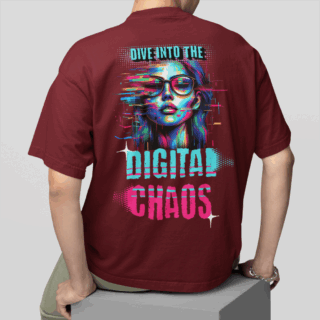 DIGITAL CHAOS  Maroon - Round Neck T-shirt